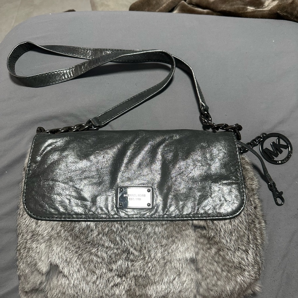 Michael Kors Black Leather and Gray Fur Crossbody Bag